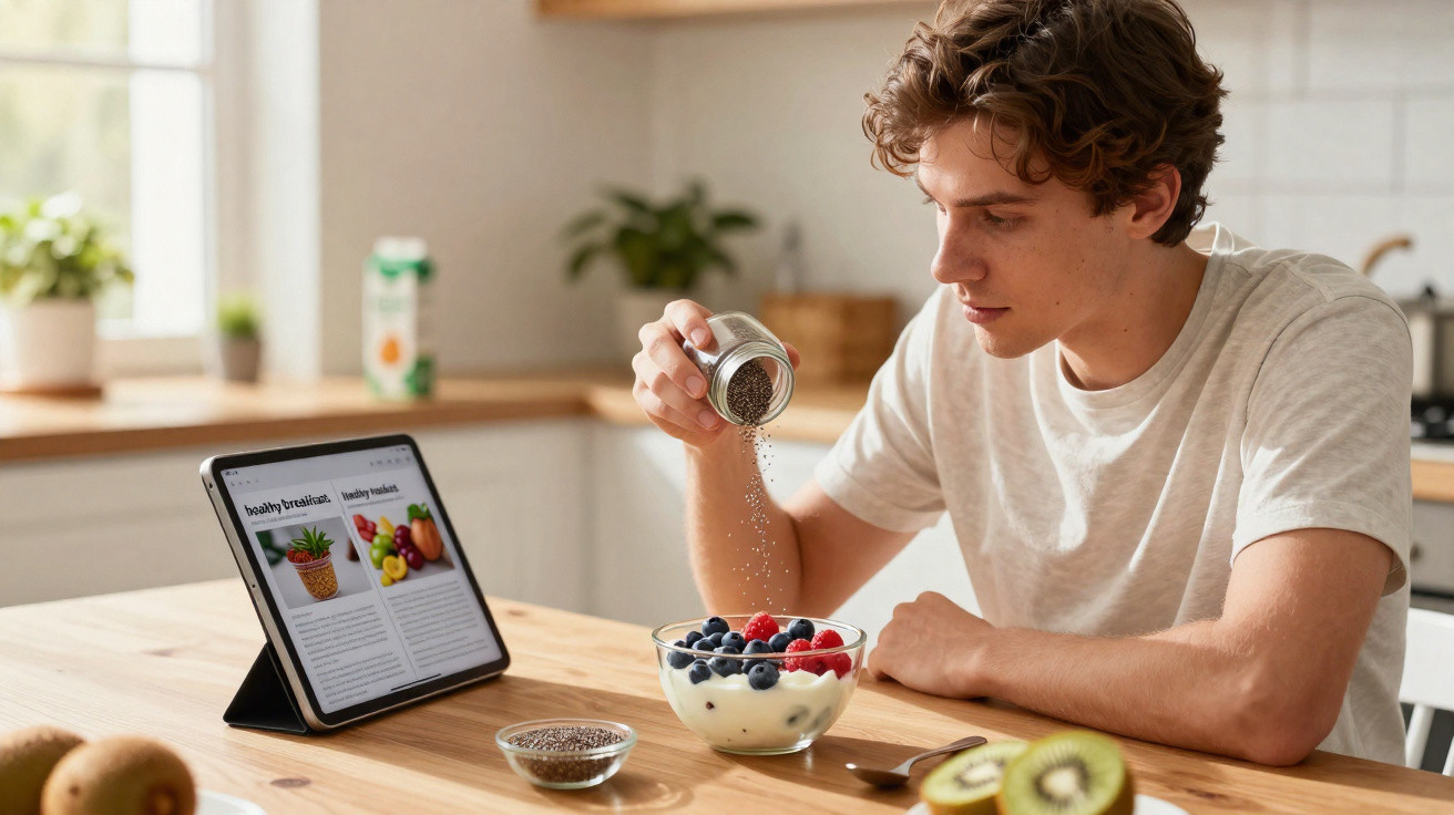 Jovem a adicionar sementes a iogurte com frutas vermelhas na cozinha, com tablet aberto sobre a mesa.
