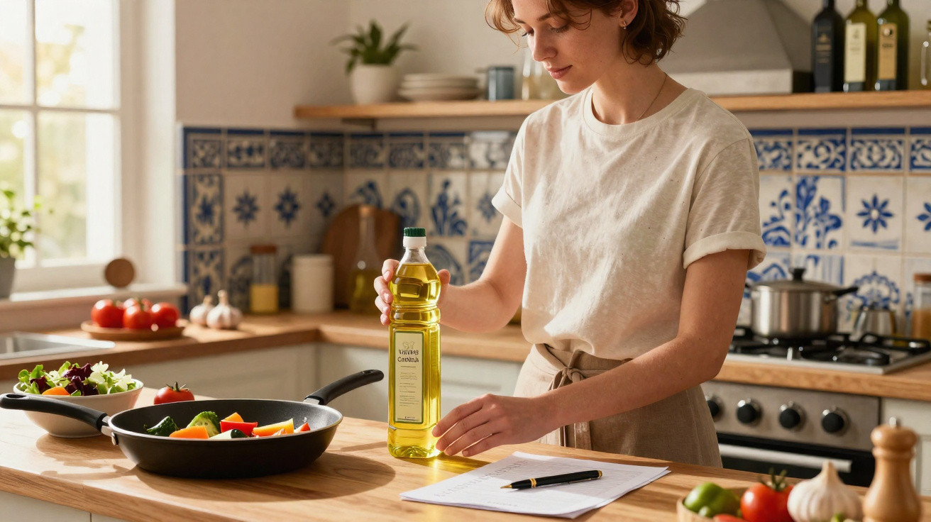 Mulher na cozinha a preparar legumes numa frigideira, segurando uma garrafa de azeite e lendo uma receita.