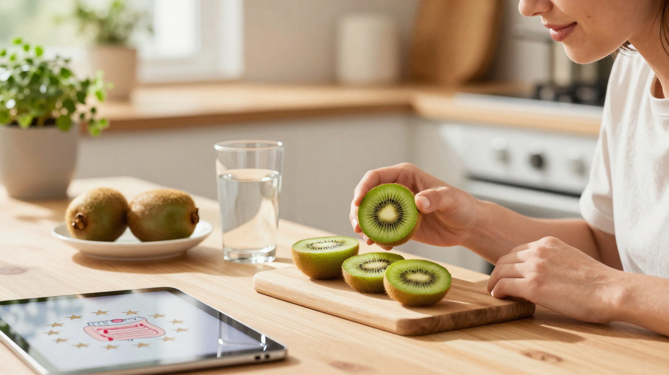 Pessoa a segurar meio kiwi numa cozinha, com mesa com kiwis, copo de água e tablet à vista.