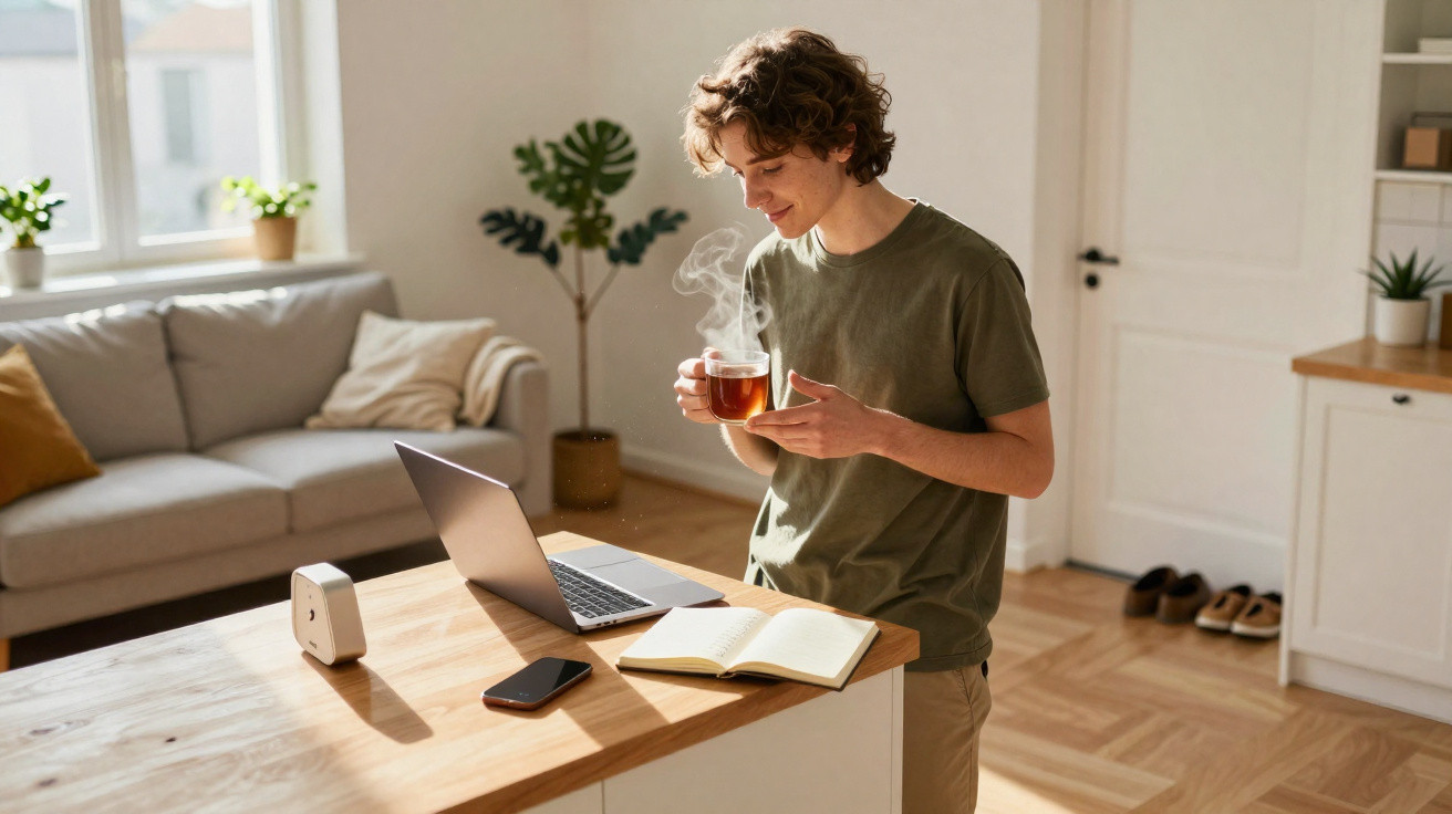 Jovem com chá na mão em frente a mesa com computador, caderno e telemóvel numa sala iluminada.