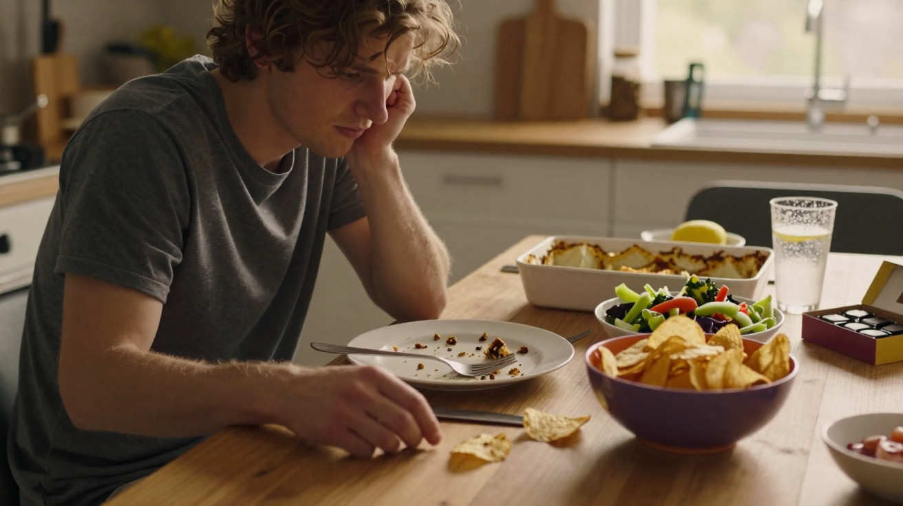 Homem sentado à mesa com expressão triste, pão e batatas fritas espalhadas à sua frente.