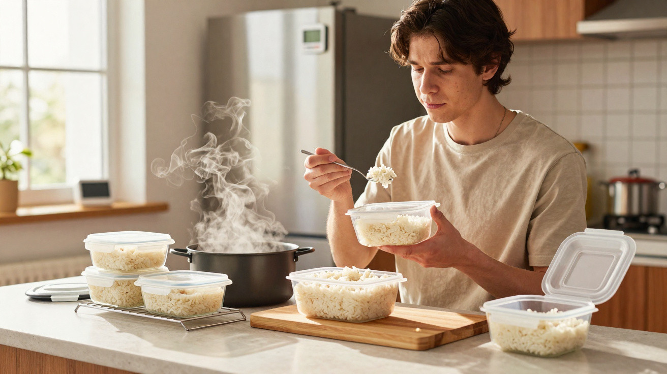 Homem a guardar arroz cozido em marmitas plásticas na cozinha moderna com vapor a sair do tacho.