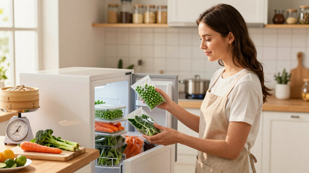 Mulher a colocar legumes frescos e congelados no frigorífico numa cozinha moderna e luminosa.
