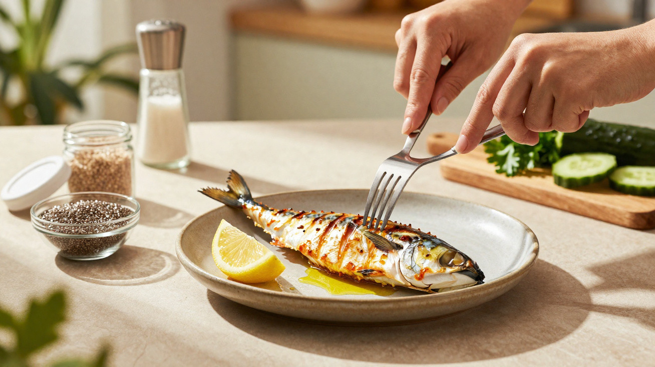Pessoa a cortar peixe grelhado num prato com um pedaço de limão, temperos e legumes ao fundo.