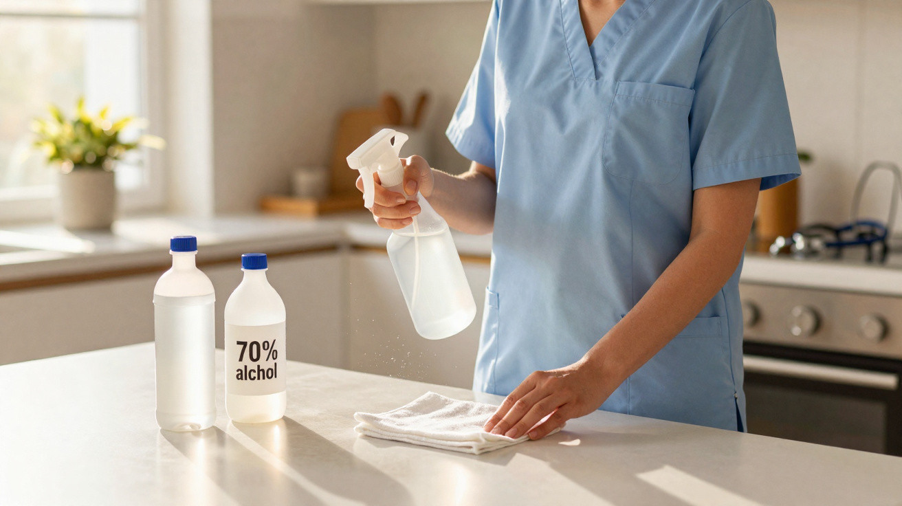 Pessoa em uniforme azul a desinfetar uma superfície com spray e pano num ambiente doméstico.