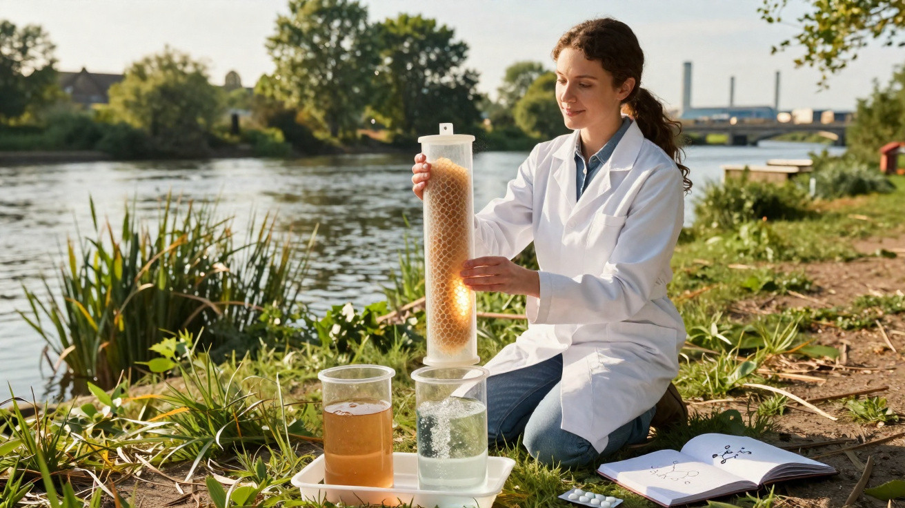 Mulher de bata branca analisa amostras de água junto a rio com vegetação ao redor.