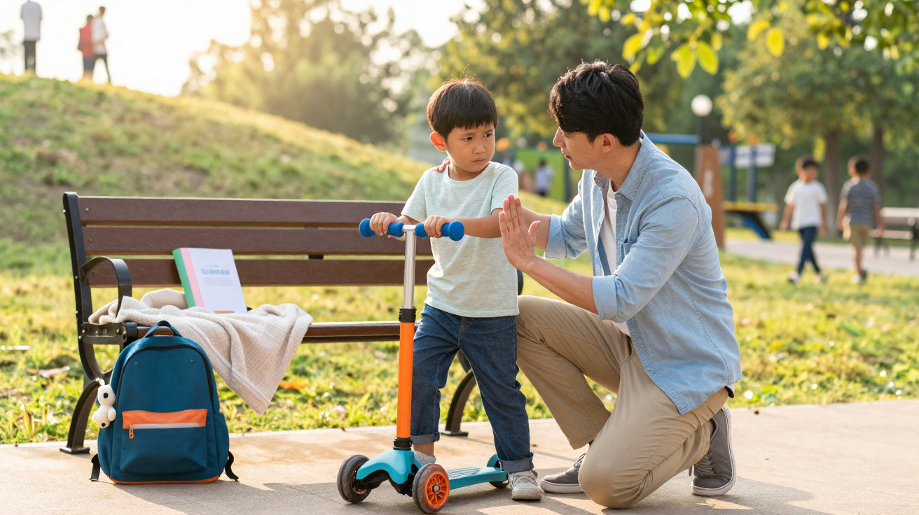Pai ensina filho a andar de trotinete num parque ao entardecer junto a um banco com mochila azul.