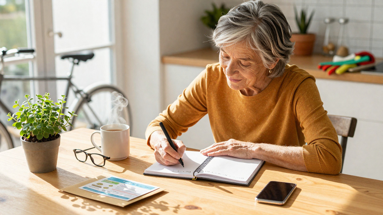 Senhora idosa sentada à mesa a escrever num caderno, com chá, tablet, telemóvel e planta ao lado.