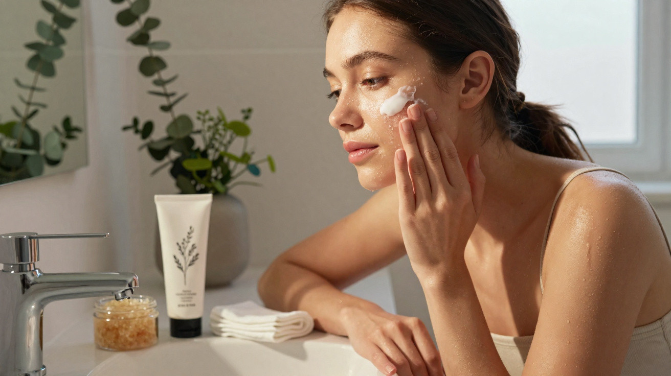 Mulher a aplicar creme hidratante no rosto junto a uma pia com produtos de skincare e plantas.
