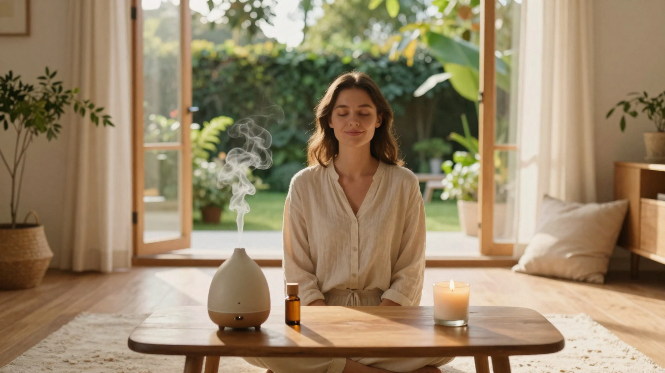 Mulher relaxa sentada em posição de meditação numa sala luminosa com difusor, vela acesa e óleo essencial na mesa.