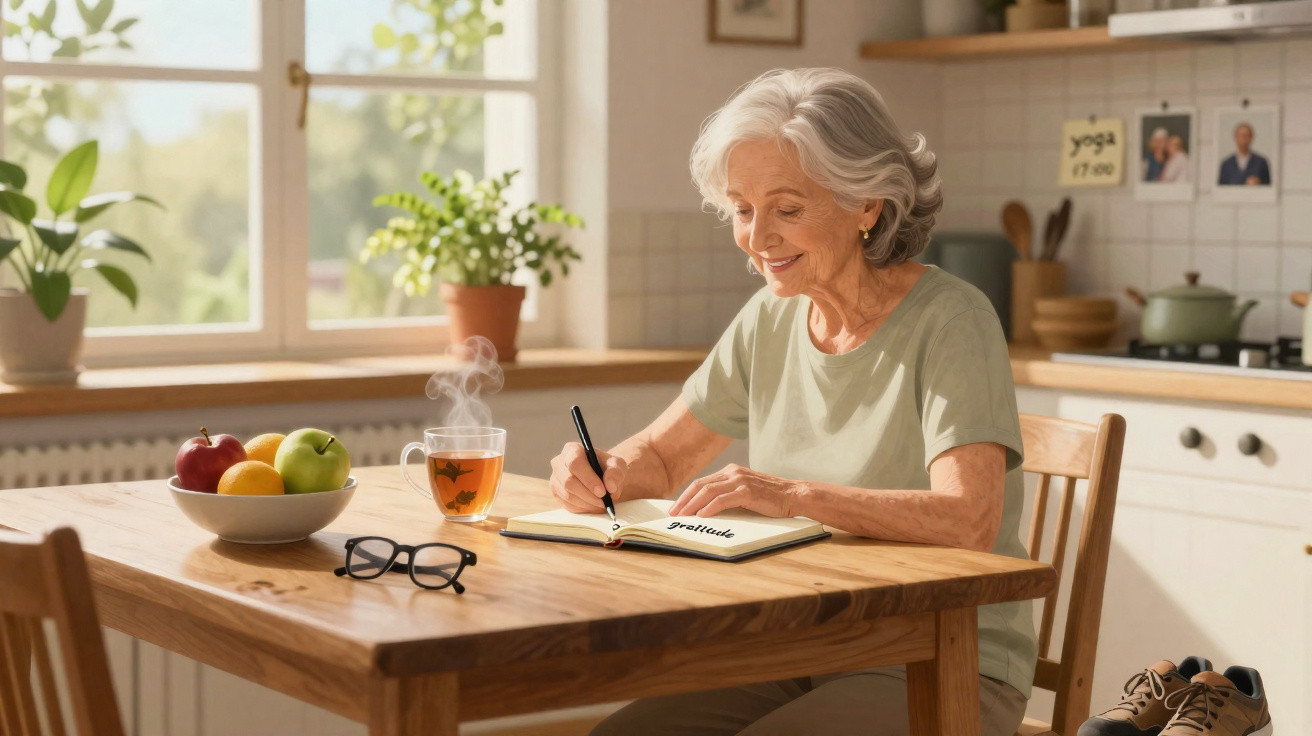Mulher idosa a escrever num caderno numa cozinha luminosa, com chá quente e fruta na mesa.