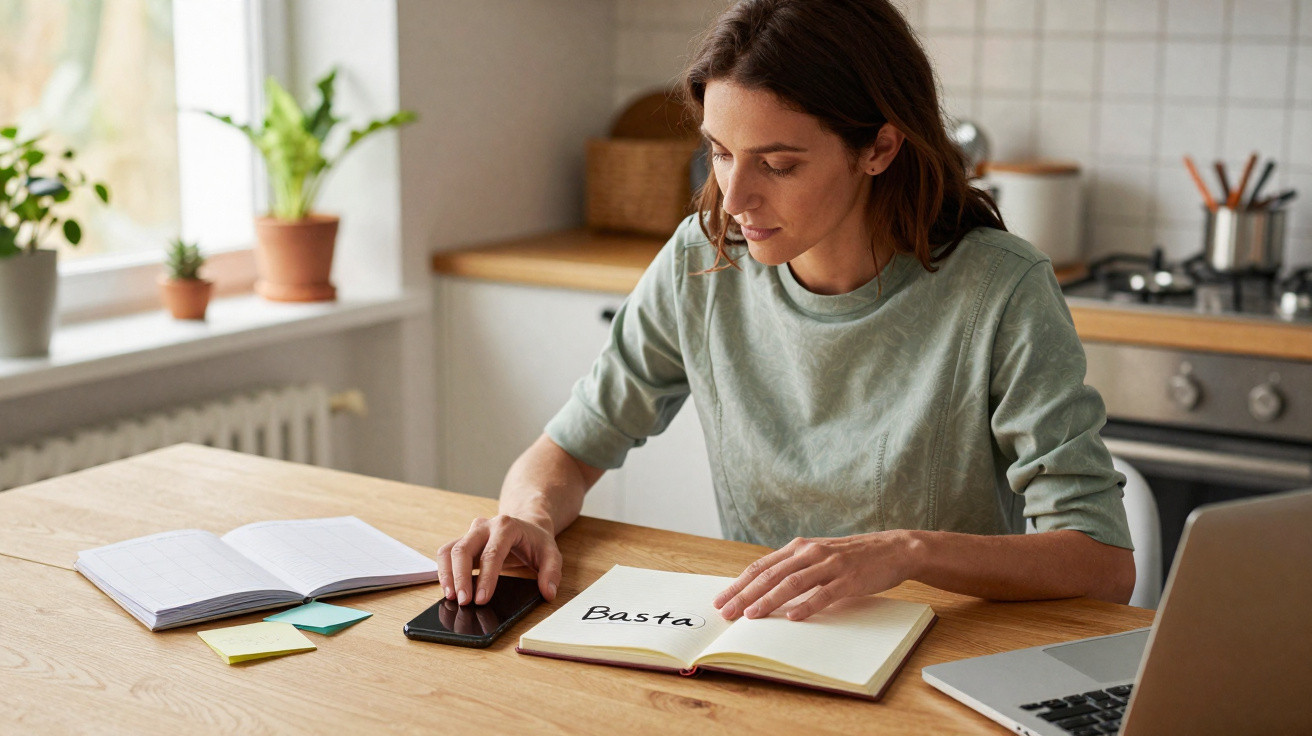 Mulher sentada à mesa, a ler um caderno aberto com a palavra “Basta” escrita, com telemóvel e computador à frente.