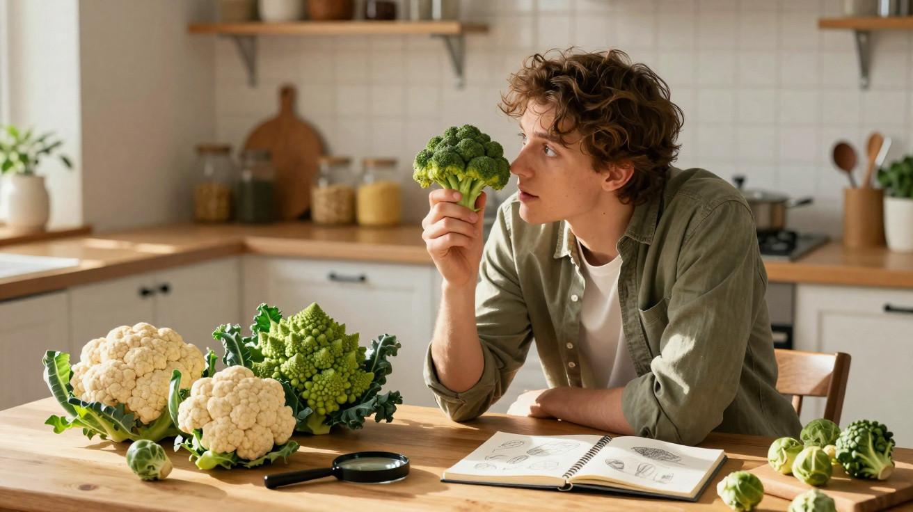 Homem sentado à mesa da cozinha a observar um ramo de brócolos com vários vegetais à sua frente.