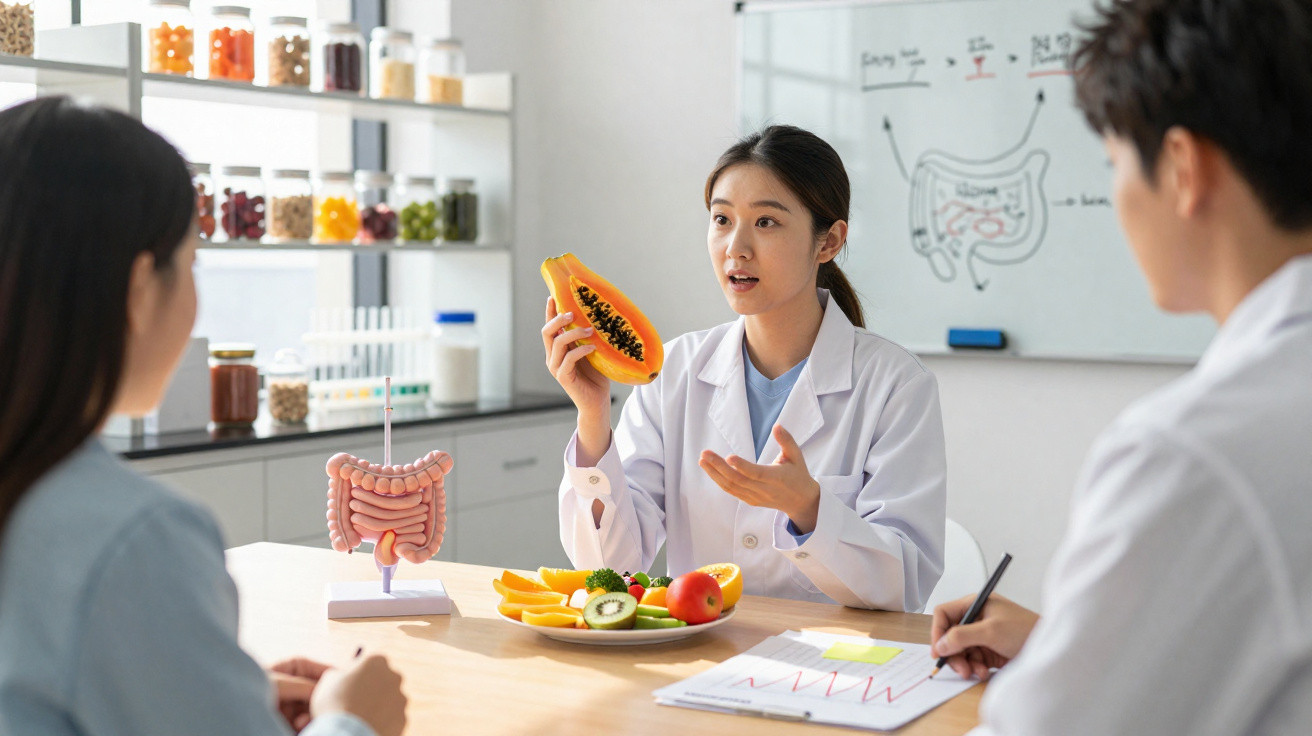 Professora de nutrição explica benefícios da papaia para a digestão a dois alunos num laboratório.