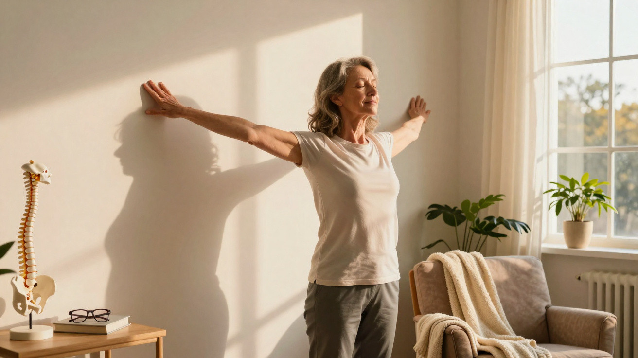 Mulher madura a alongar os braços numa sala iluminada pelo sol, com plantas e móveis aconchegantes.