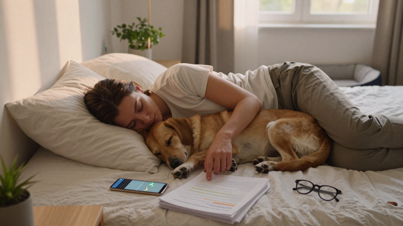 Mulher deitada na cama a dormir abraçada a um cão, com documentos, telemóvel e óculos ao lado.