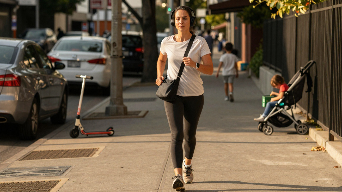 Mulher jovem a correr na calçada urbana com auriculares e mochila preta, ao entardecer.