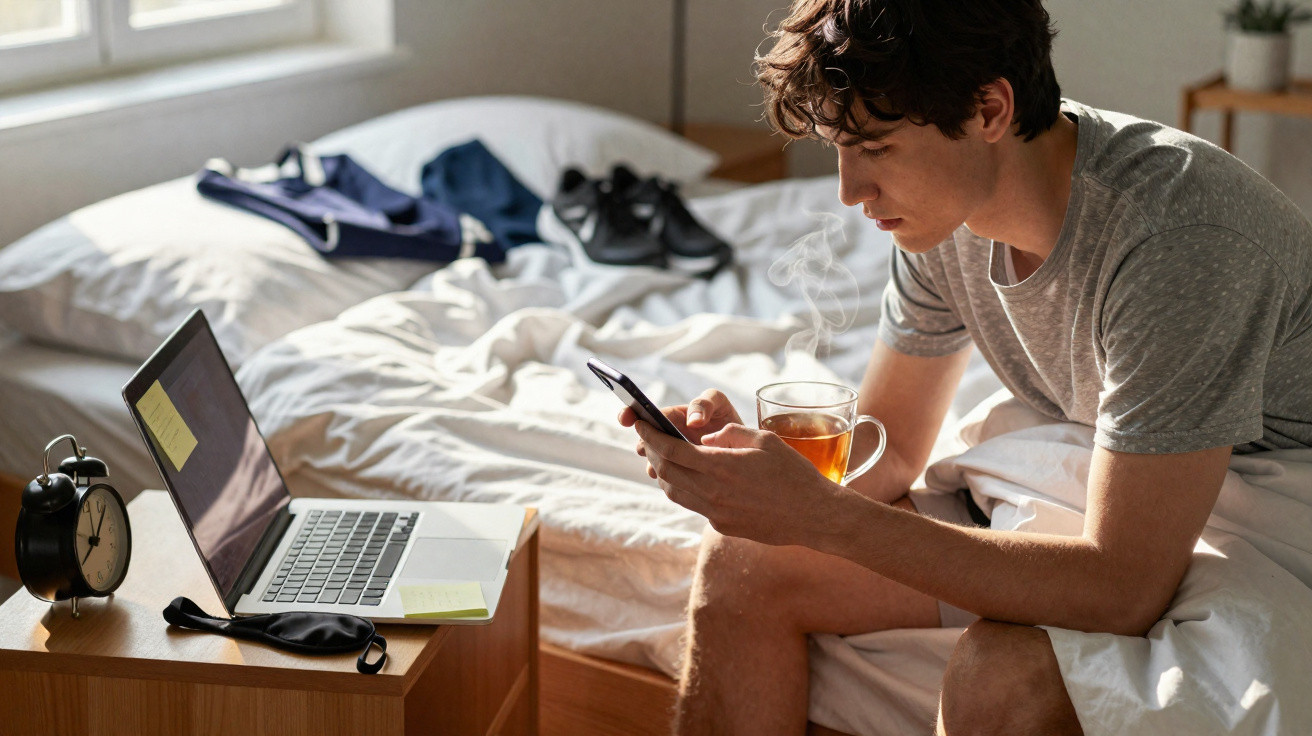 Jovem sentado na cama a usar telemóvel, com chá, computador portátil e relógio despertador na mesa ao lado.