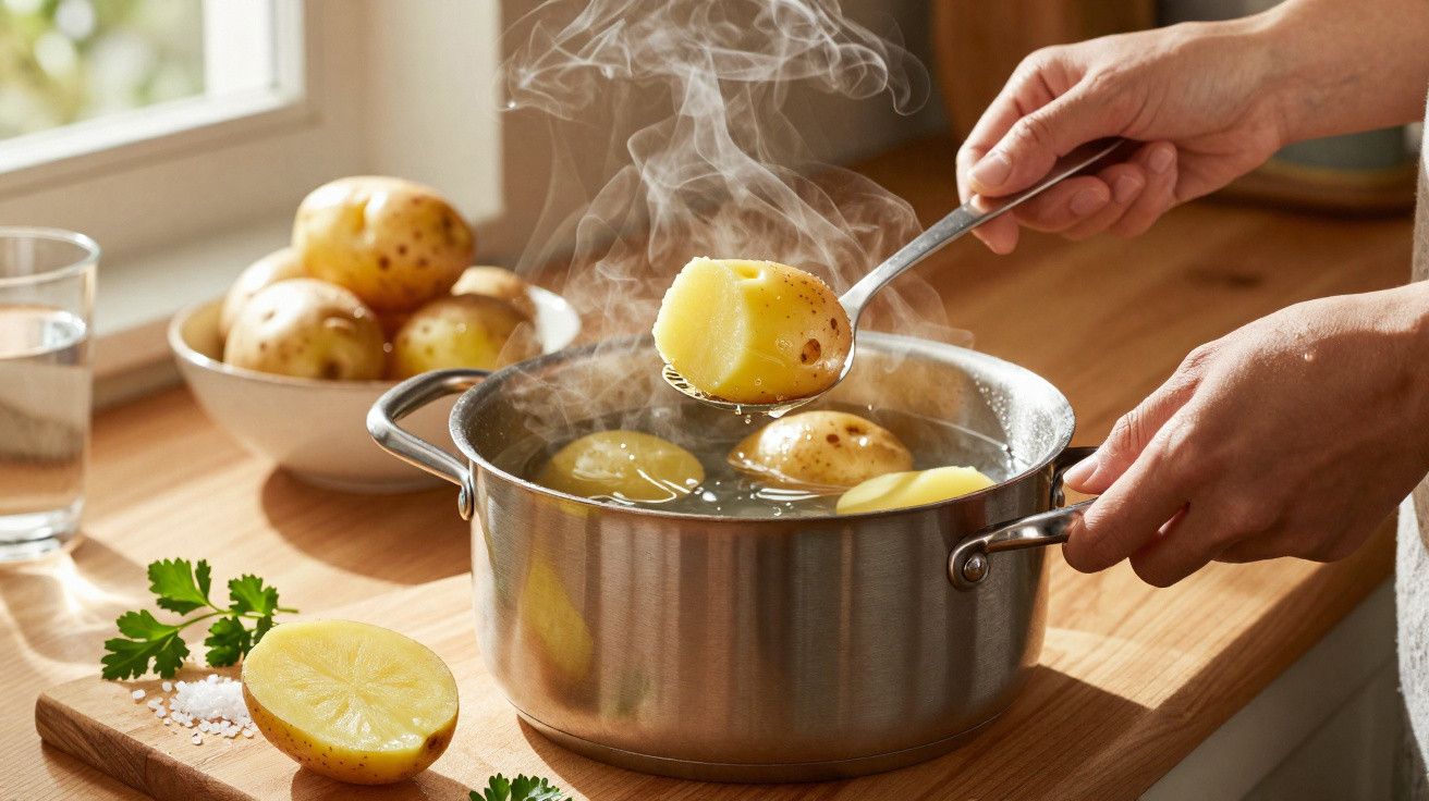 Mãos a retirar batata quente de panela com água a ferver numa cozinha iluminada por luz natural.