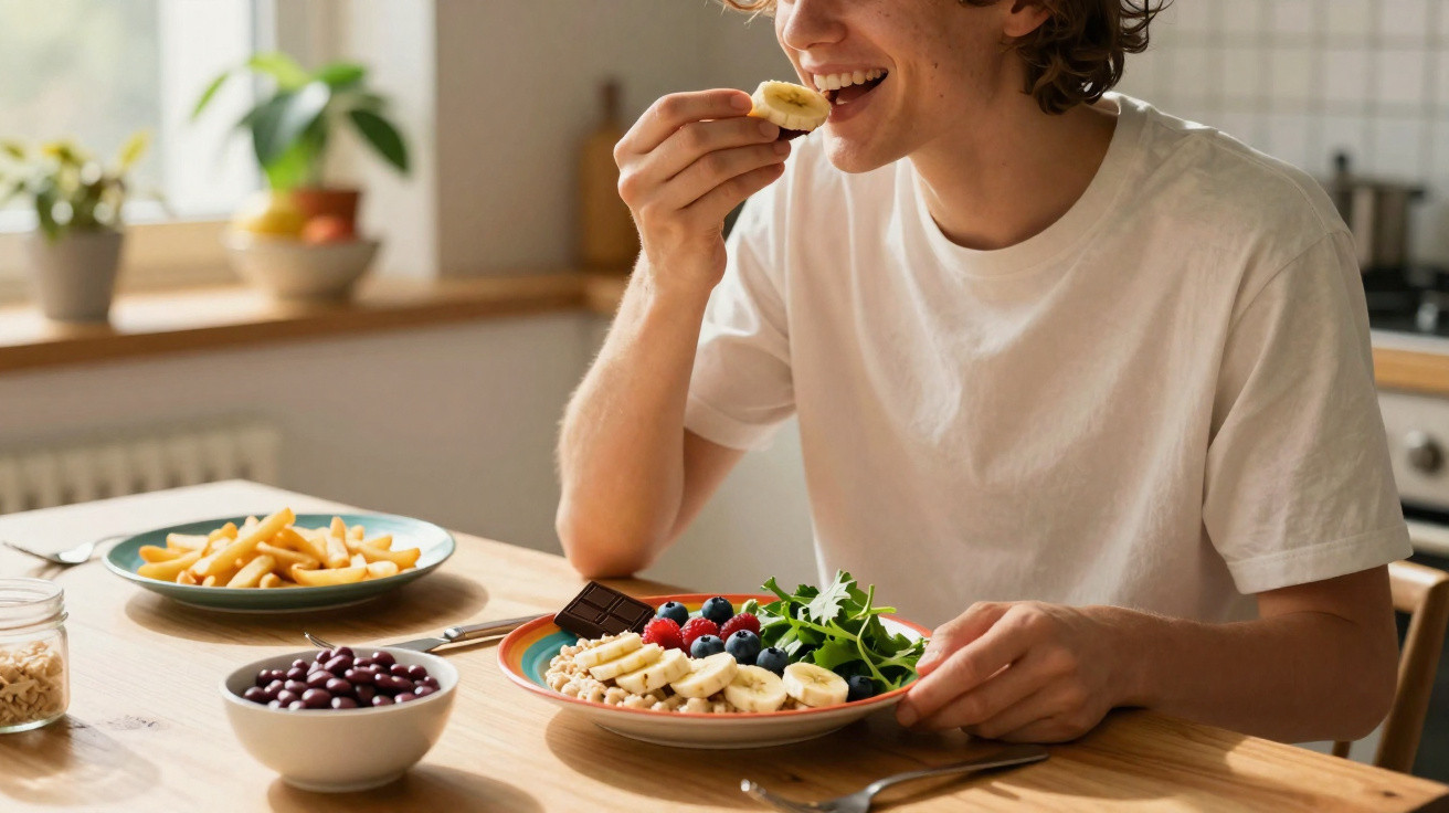 Pessoa sorridente a comer frutas frescas e vegetais numa refeição saudável numa cozinha luminosa.