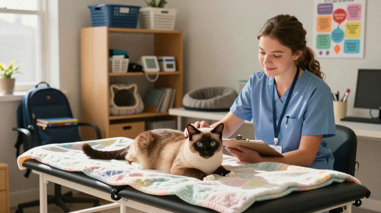 Veterinária sorridente a examinar um gato deitado numa mesa de consultas, num consultório veterinário iluminado.