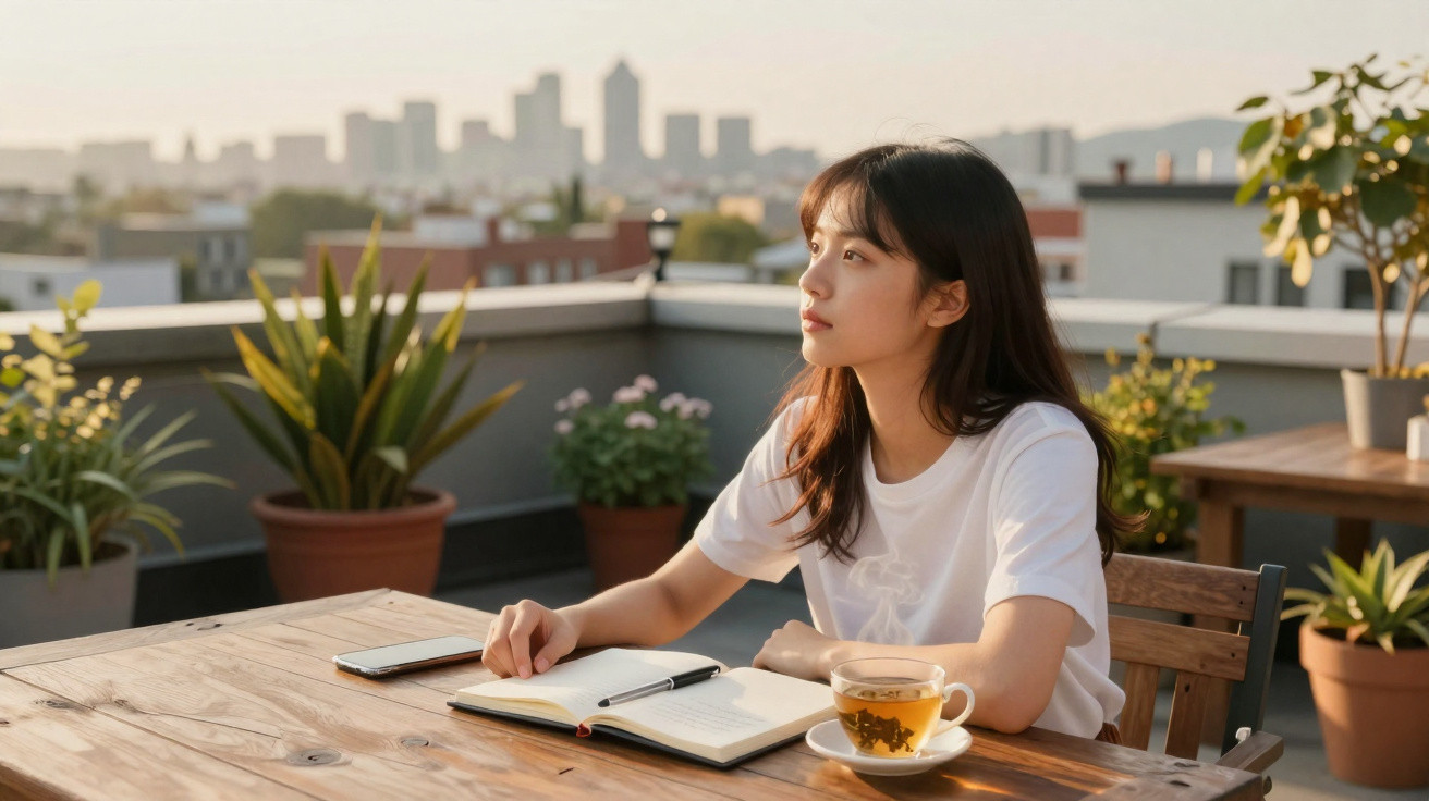 Jovem sentada numa mesa exterior com livro aberto, chá, e vista para edifícios ao fundo ao pôr do sol.