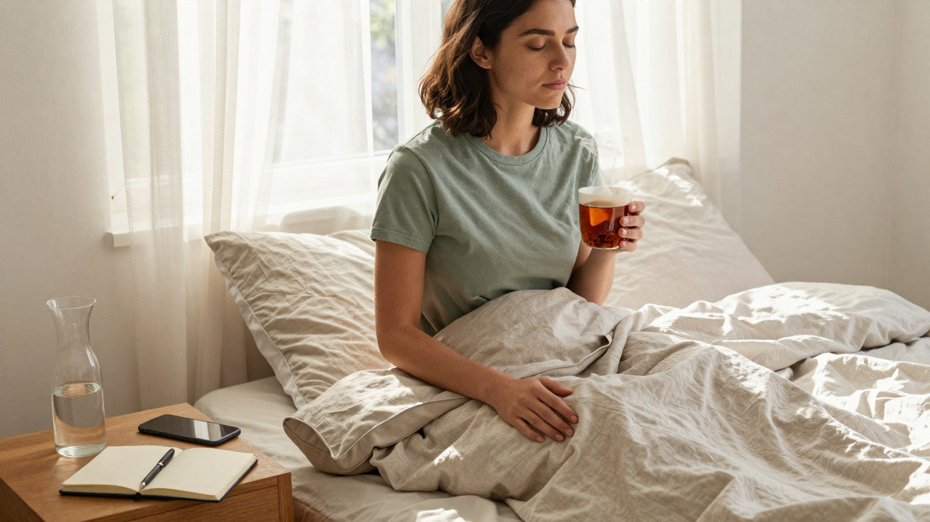 Mulher sentada na cama segurando um copo de chá, rodeada por um ambiente calmo e luz natural.