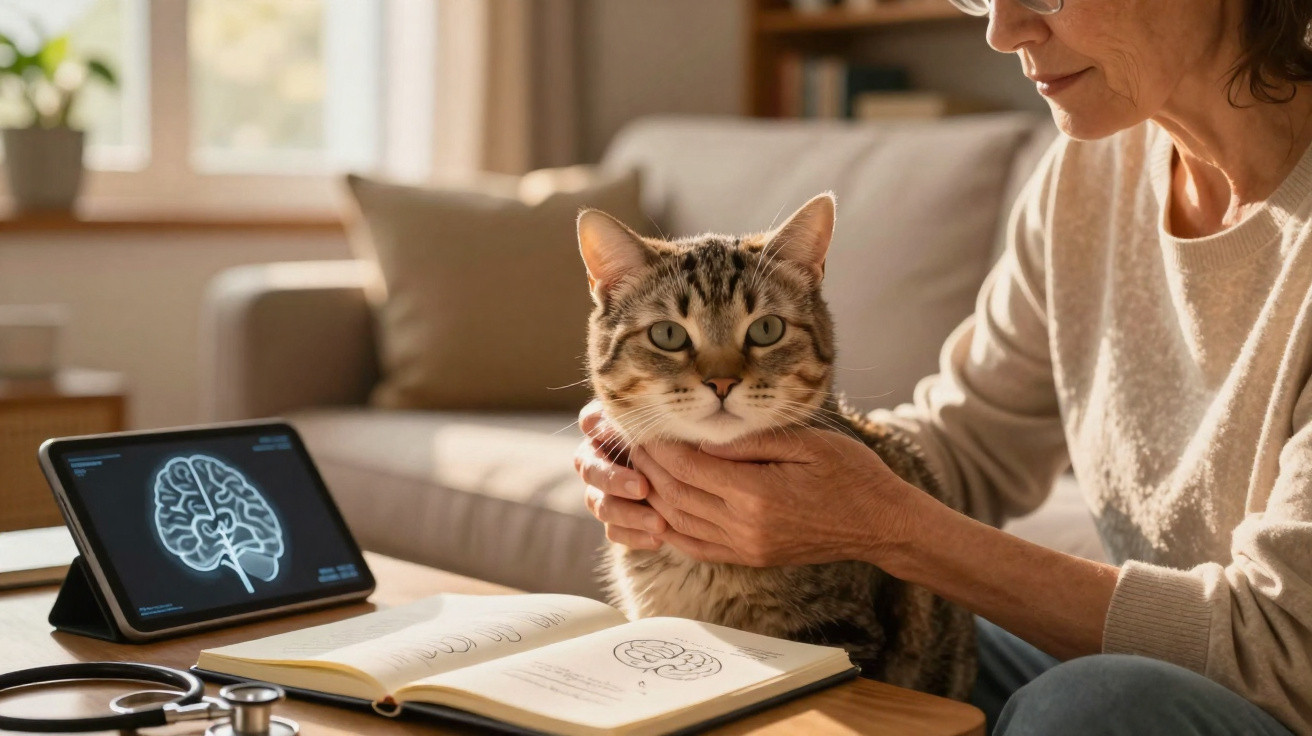Mulher a segurar um gato sentado junto a mesa com livro aberto e ecrã digital de cérebro.