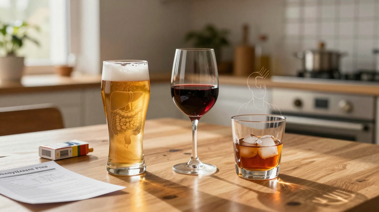 Três copos com diferentes bebidas alcoólicas sobre uma mesa de madeira numa cozinha iluminada.