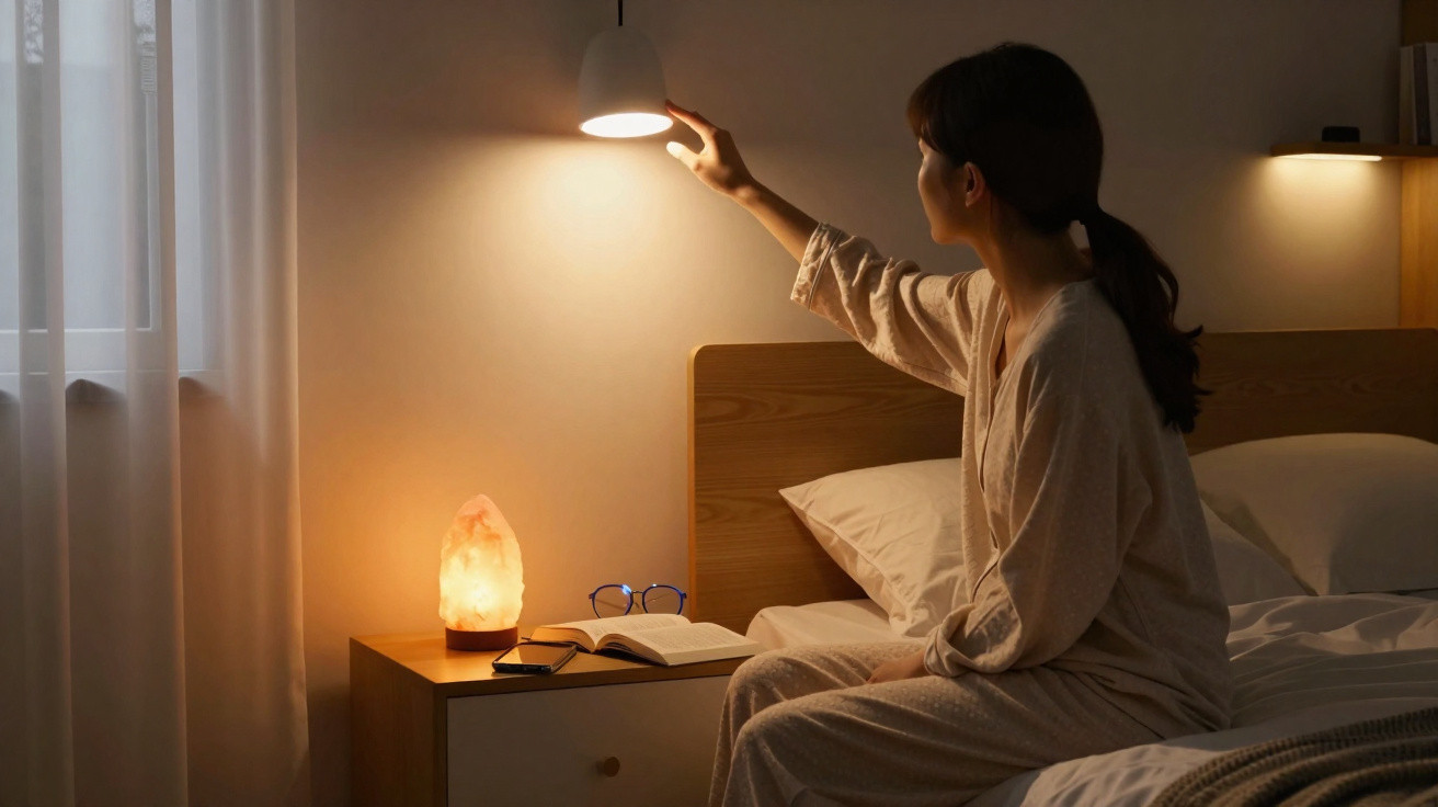 Mulher sentado na cama a acender luz de cabeceira num quarto acolhedor à noite.