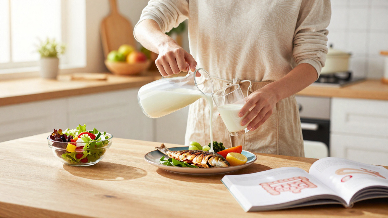 Pessoa a servir leite num copo, com prato de peixe grelhado, salada e livro de receitas numa cozinha.