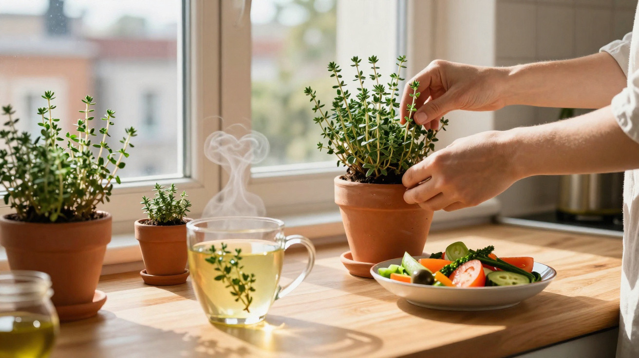 Mãos a colher erva aromática em vaso na cozinha, chá quente com ervas e prato de vegetais frescos na mesa.