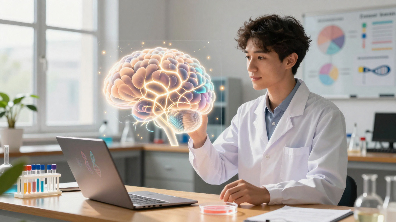 Cientista em laboratório a analisar imagem digital de cérebro flutuante junto a portátil e tubo de ensaio.