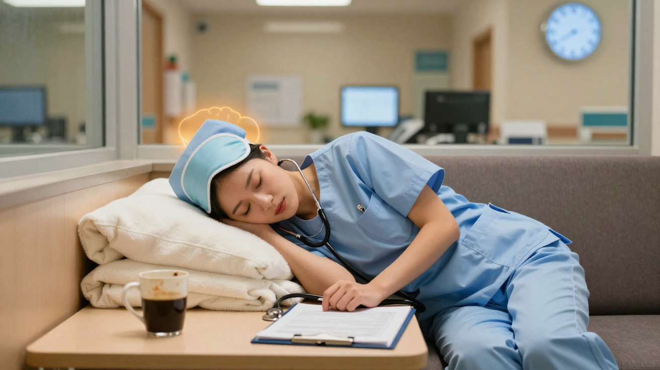 Enfermeira exausta dorme no sofá de hospital com uniforme e estetoscópio, ao lado de café e documentos.