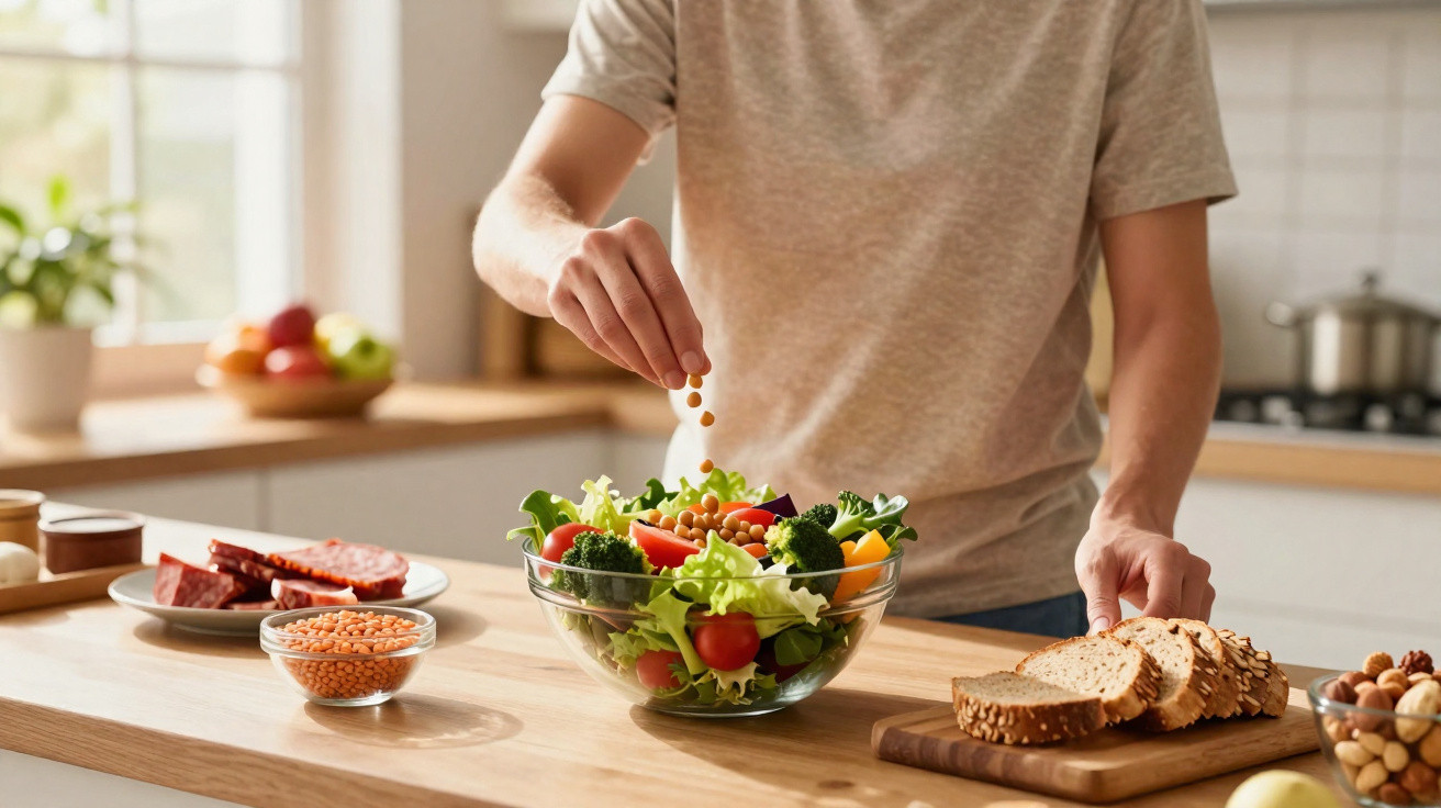Pessoa a temperar salada fresca com legumes e leguminosas numa cozinha luminosa e moderna.