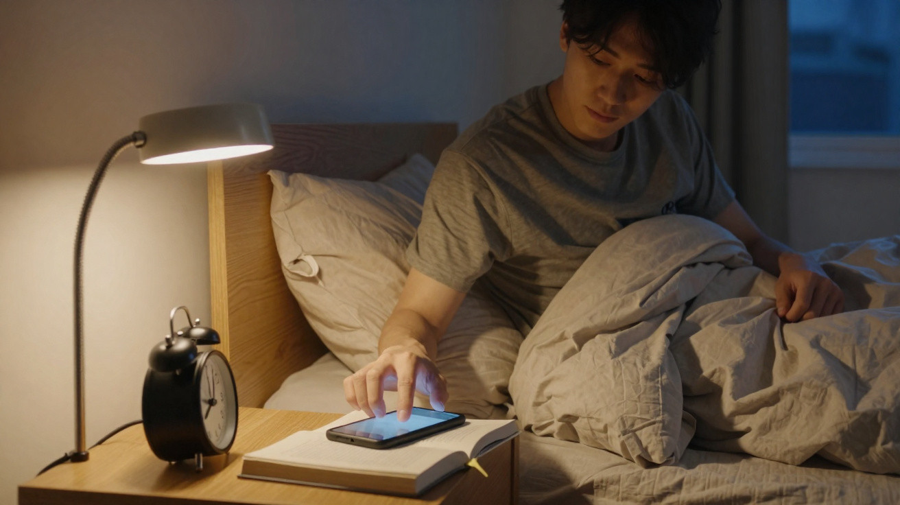 Pessoa na cama a usar telemóvel de manhã, com despertador e candeeiro ligados na mesa de cabeceira.