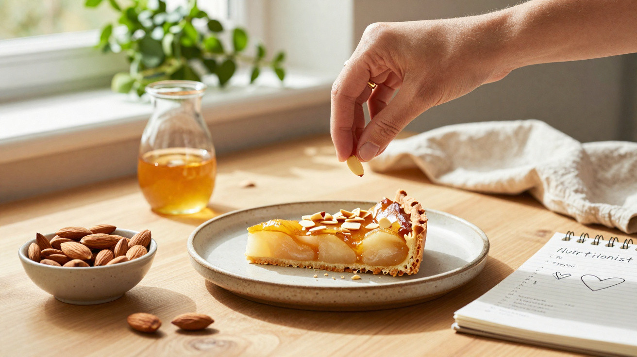 Mão polvilha amêndoas em fatia de tarte de pera com mel numa mesa de madeira junto a caderno, amêndoas e frasco de mel.