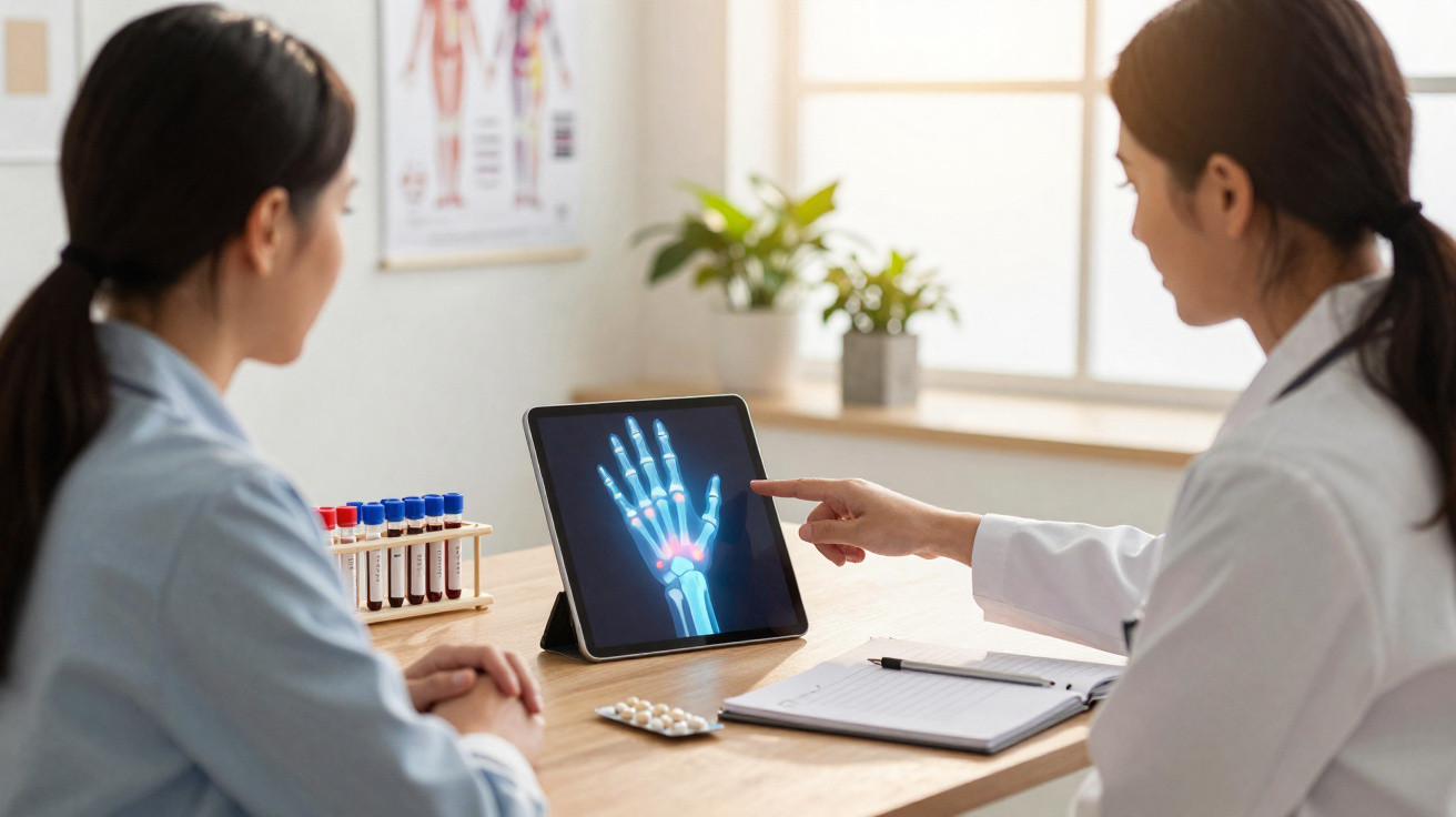 Doutora a explicar radiografia da mão a paciente numa consulta médica com tablet e medicamentos na mesa.
