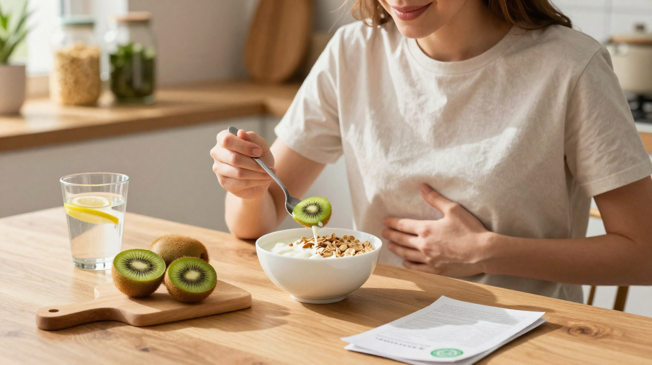 Mulher a comer iogurte com granola e kiwi na cozinha, com um copo de água e papel na mesa.