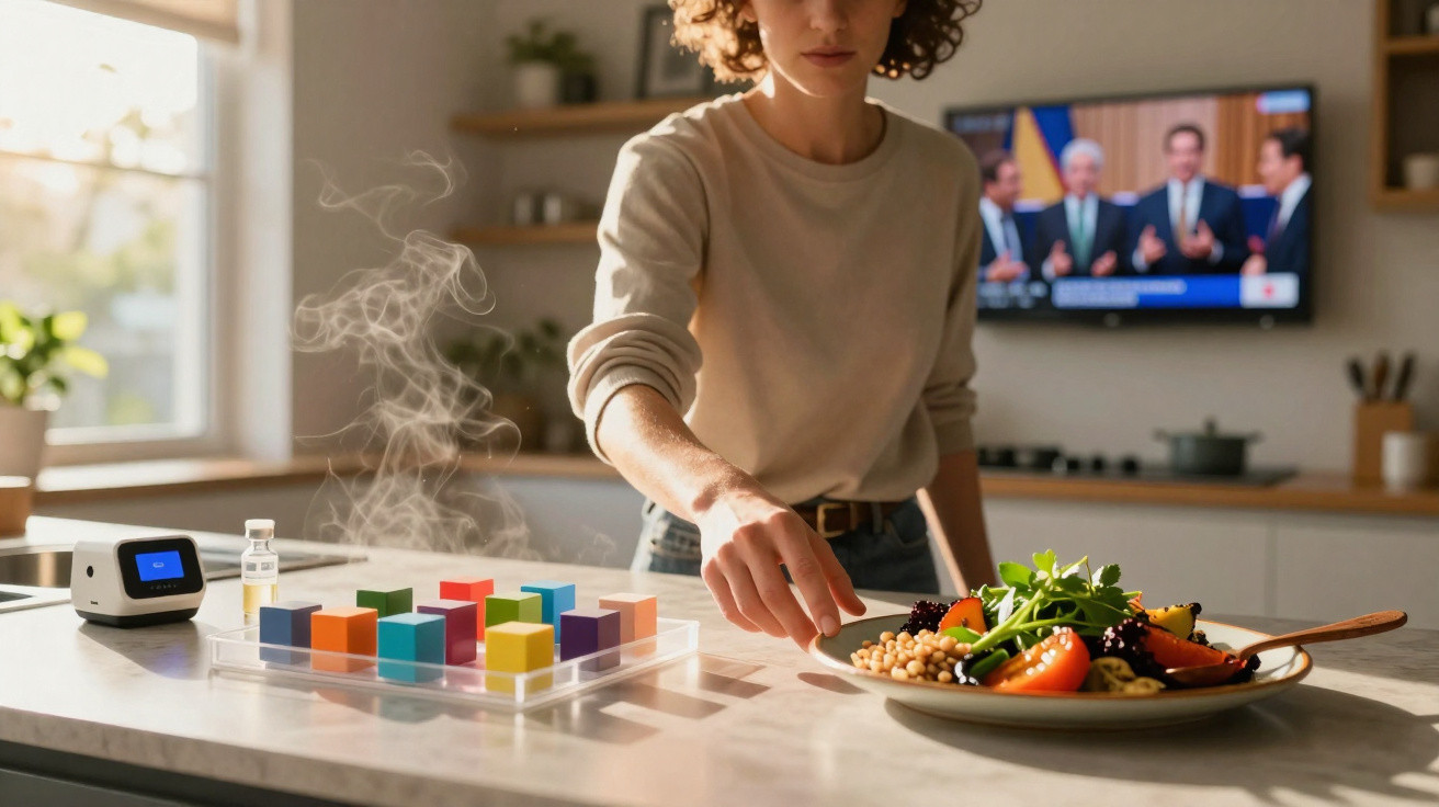 Pessoa a preparar uma salada numa cozinha moderna com luz natural e televisão ao fundo ligada.