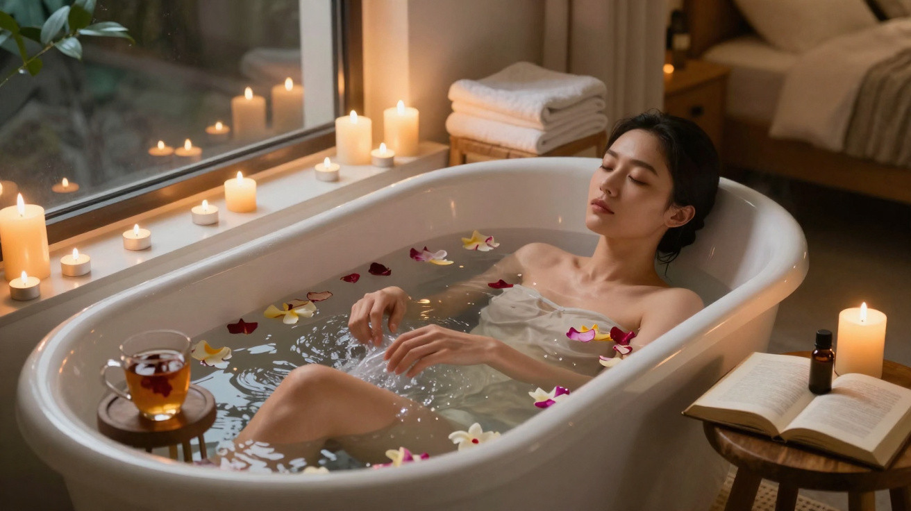 Mulher relaxa numa banheira com pétalas, rodeada de velas acesas, chá e livro aberto num ambiente calmo.