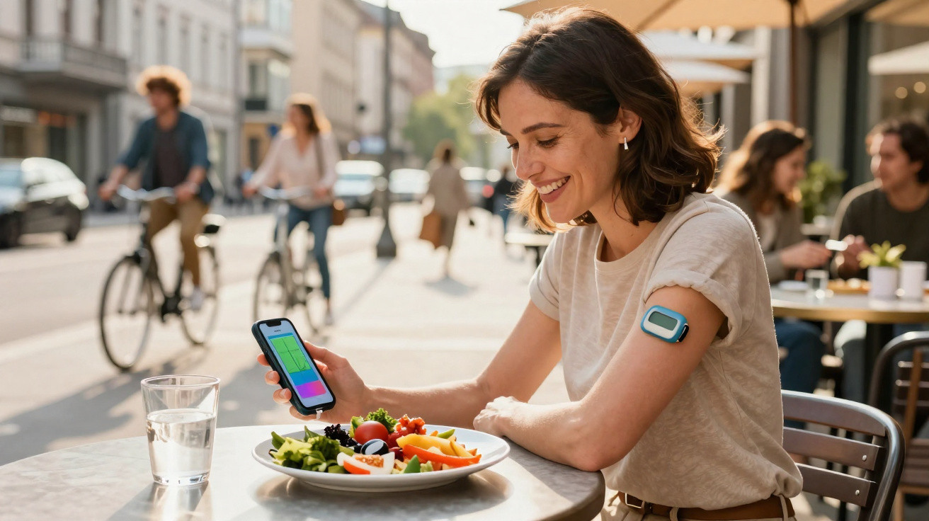 Mulher sentada numa esplanada a olhar para o telemóvel com um prato de salada e sensor no braço.
