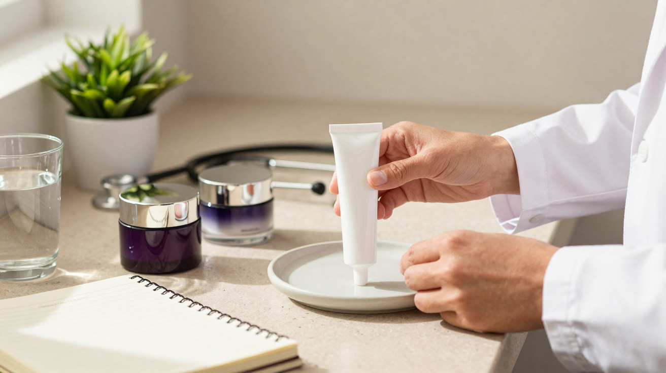 Pessoa a espremer creme branco de um tubo para um prato pequeno numa bancada com jarro, caderno, e estetoscópio.