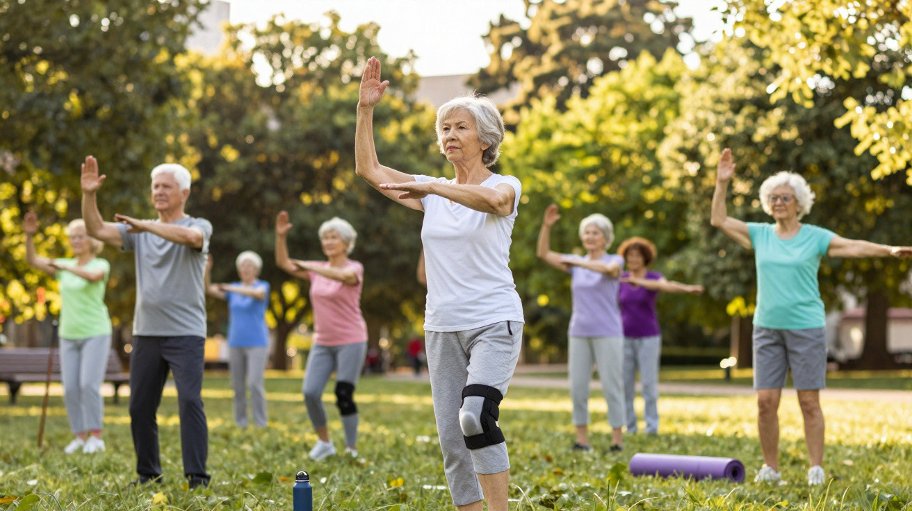 Grupo de idosos a praticar exercícios de tai chi ao ar livre num parque ensolarado.