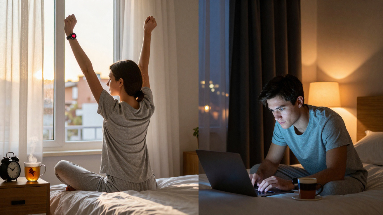 Pessoa a espreguiçar-se ao amanhecer e outra a trabalhar num computador à noite na cama.