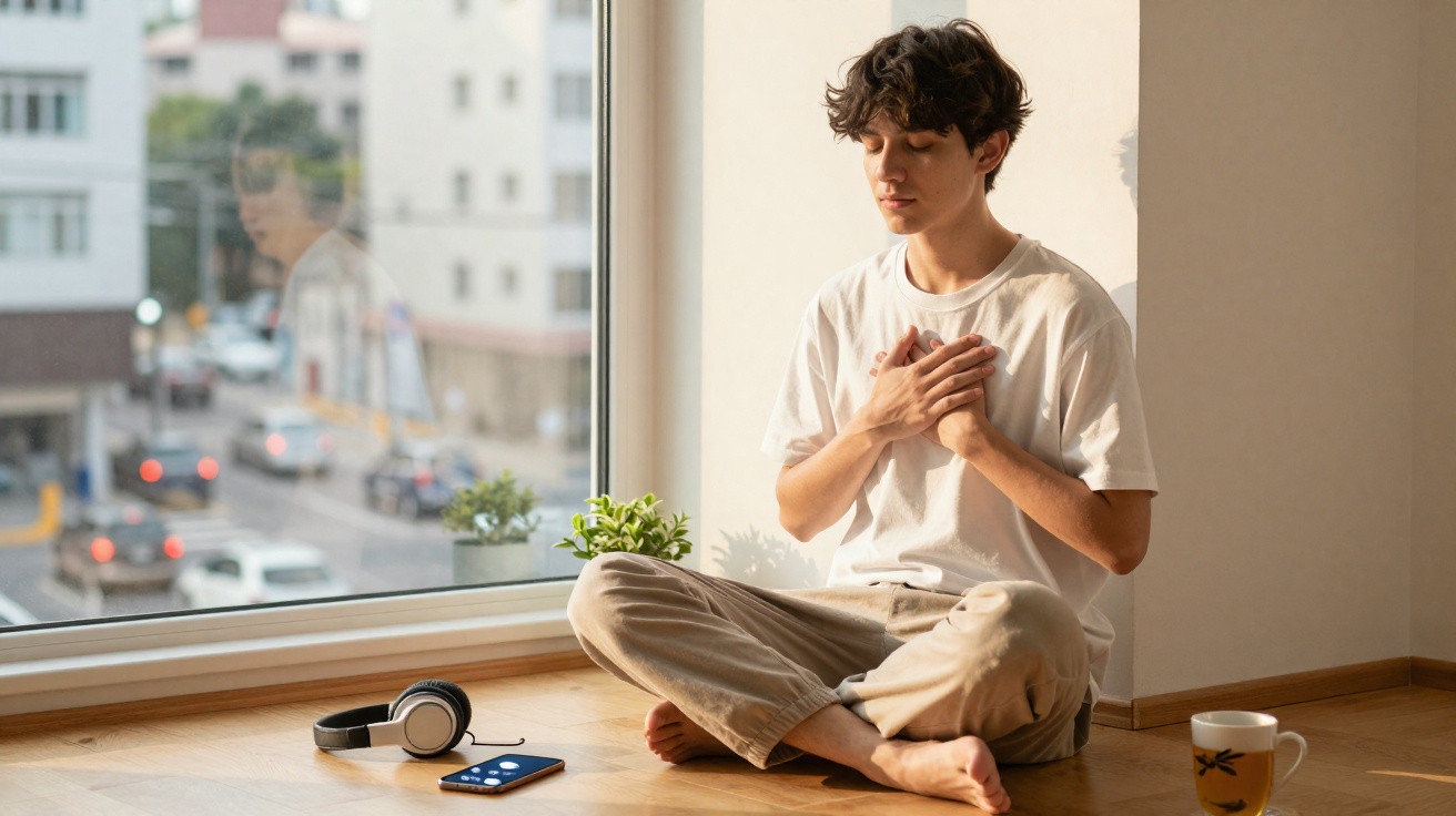 Jovem sentado no chão em posição de meditação junto a janela, com olhos fechados e mãos no peito.
