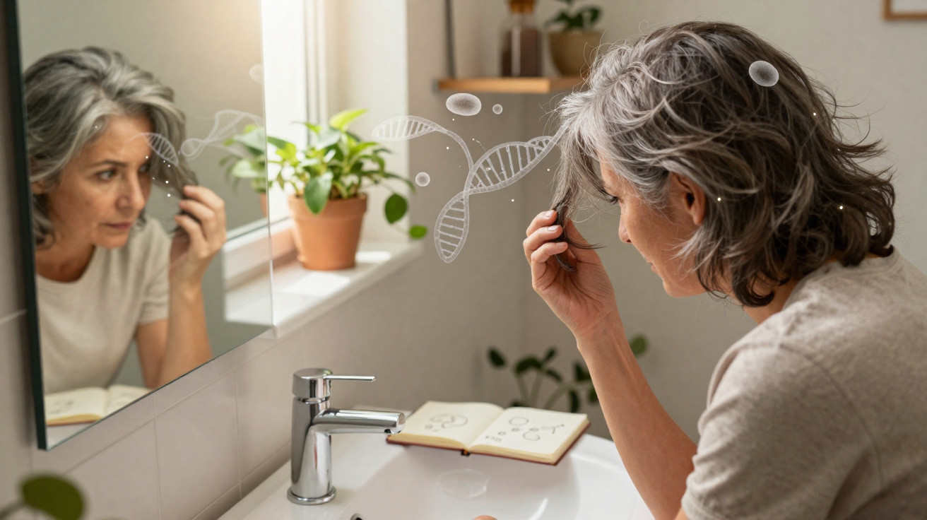 Mulher com cabelo grisalho examina raízes do cabelo frente ao espelho, símbolo de DNA e envelhecimento visível.