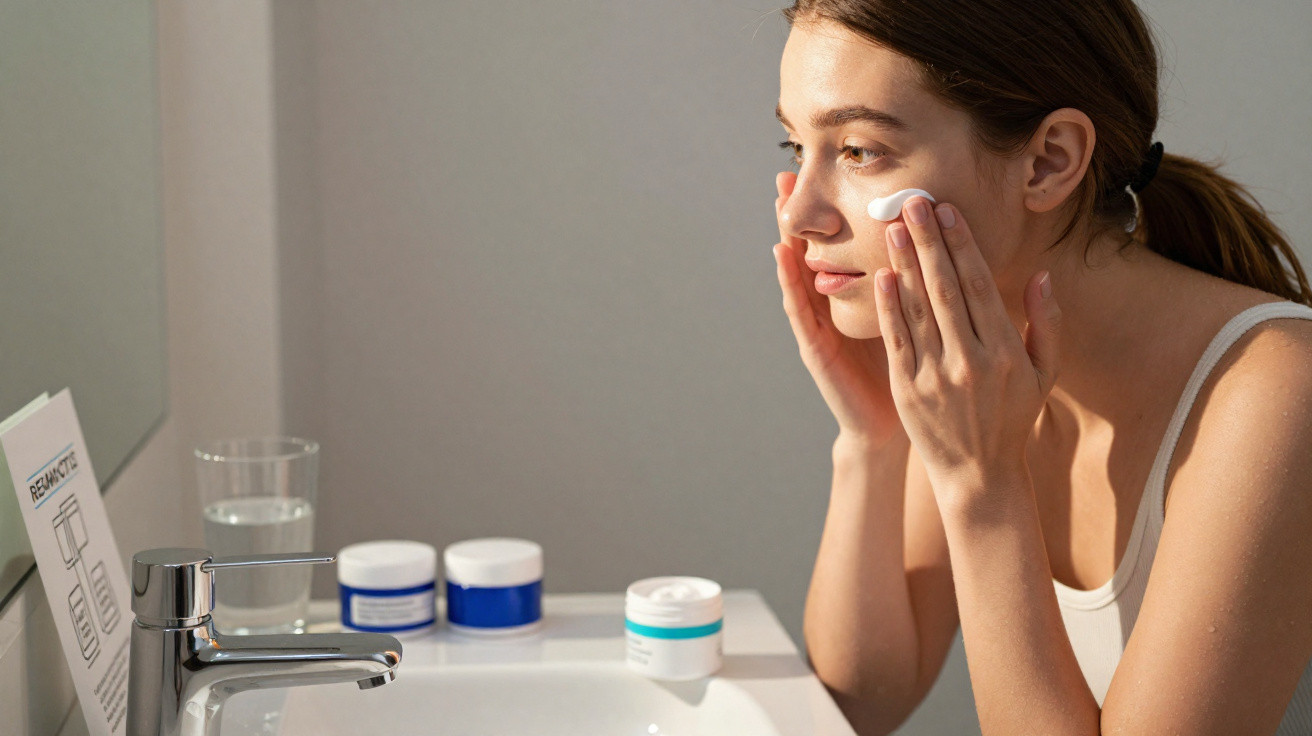 Mulher a aplicar creme hidratante no rosto junto a lavatório com frascos de cosméticos.