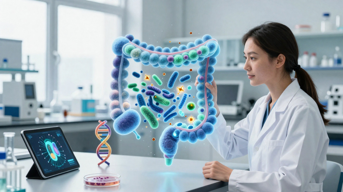 Cientista a analisar holograma 3D de microbioma intestinal em laboratório moderno.