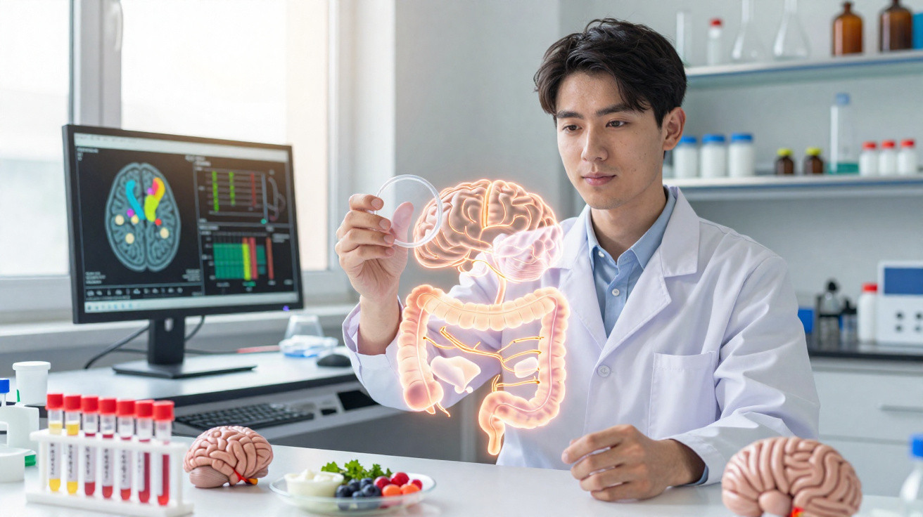 Cientista analisa holograma do sistema digestivo com cérebro em laboratório moderno.